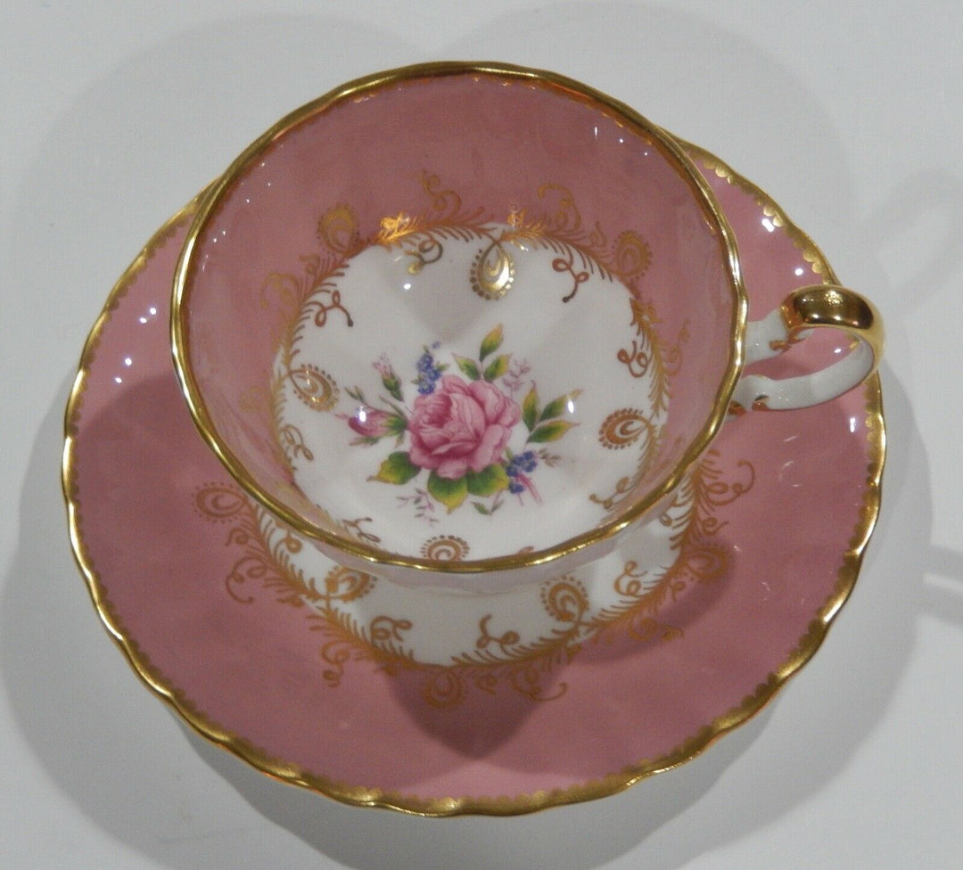 AYNSLEY PINK ROSE FLORAL BOUQUET CUP & SAUCER PINK Colorway OBAN Shape c1952