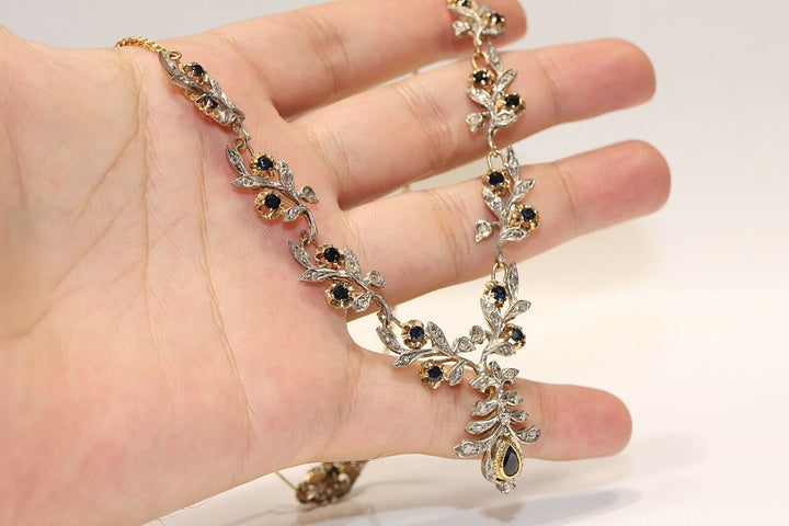 ヴィンテージ 18K ゴールド、シルバー、ローズカットダイヤモンド、サファイアのネックレス