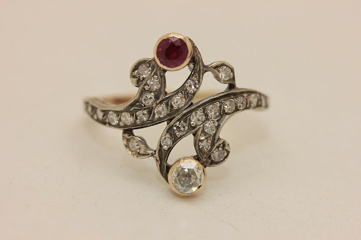 アンティーク オリジナル 14K ナチュラルダイヤモンドとルビーのリング