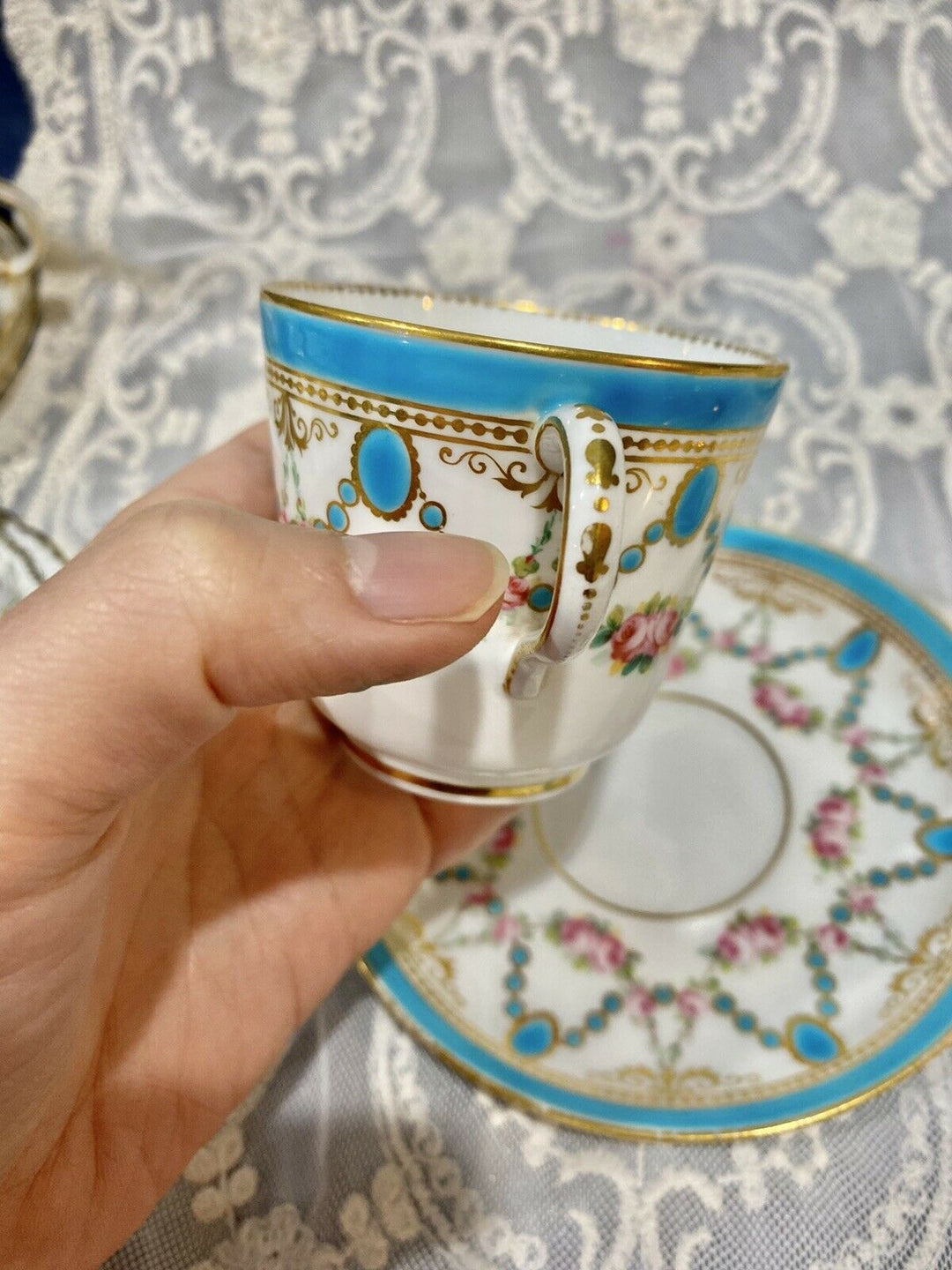 Minton Hand Painted Turquoise Rose Gold Enamel Tea Cup Saucer Set