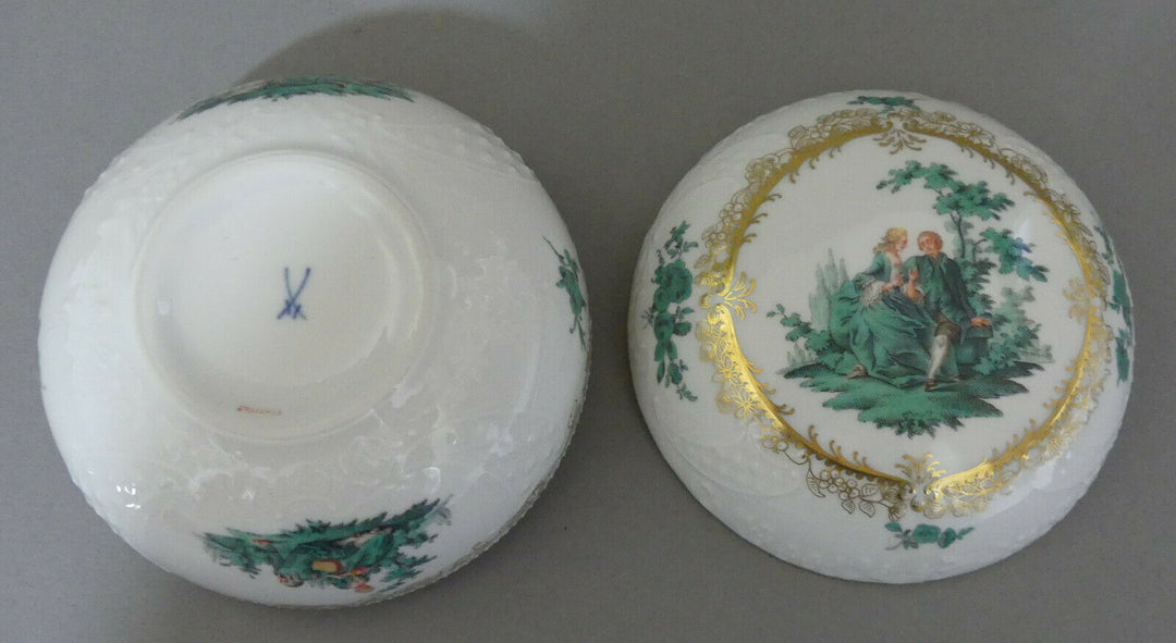 ⚔ Meissen Dose galante Szenen kupfergün Watteau 1.Wahl ø 12,5 cm - NP 7.490,-€