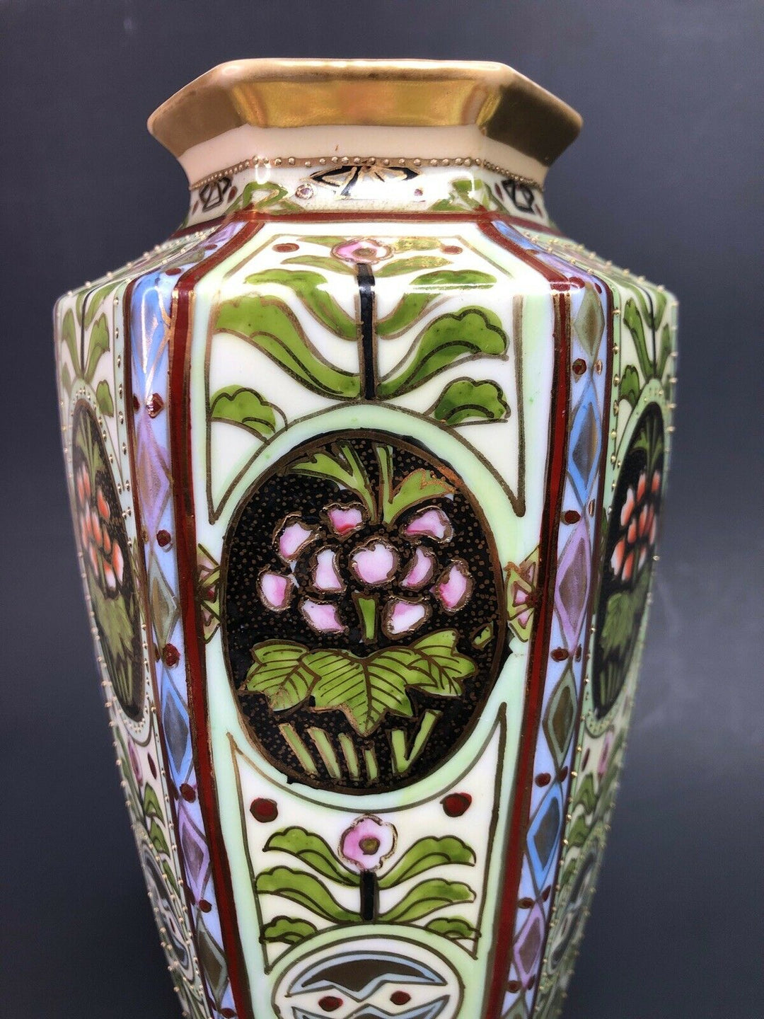 Early 9” NIPPON Noritake Porcelain Beaded Moriage Enamel Floral Art Vase Signed