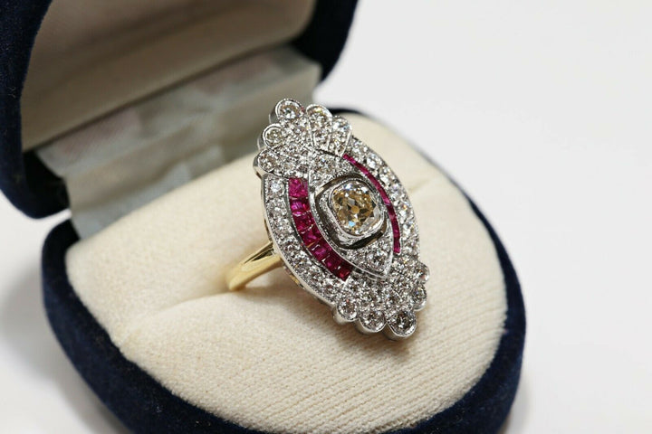 アールデコスタイル 18K ナチュラルダイヤモンドとルビーのナヴェットリング