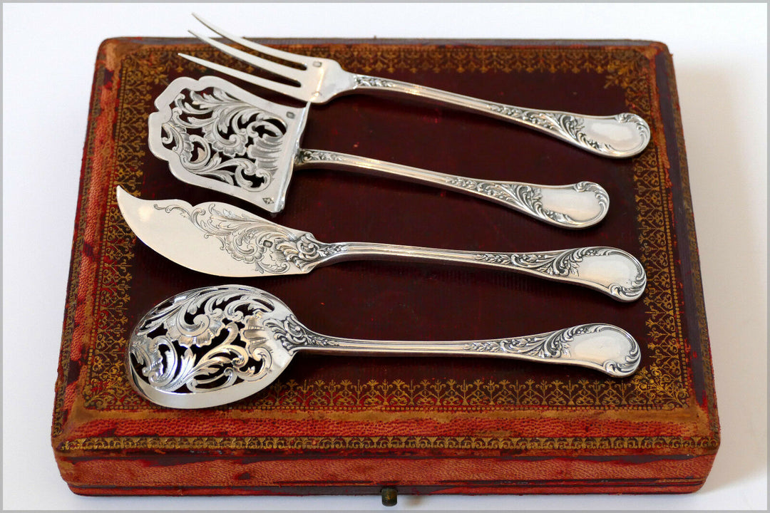 Queille French All Sterling Silver Dessert Hors D'oeuvre Set 4 pc w/box Rococo