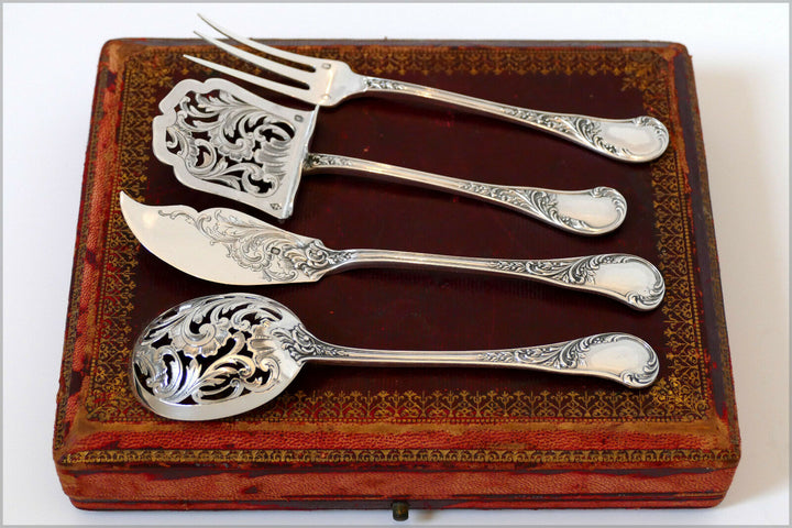 Queille French All Sterling Silver Dessert Hors D'oeuvre Set 4 pc w/box Rococo