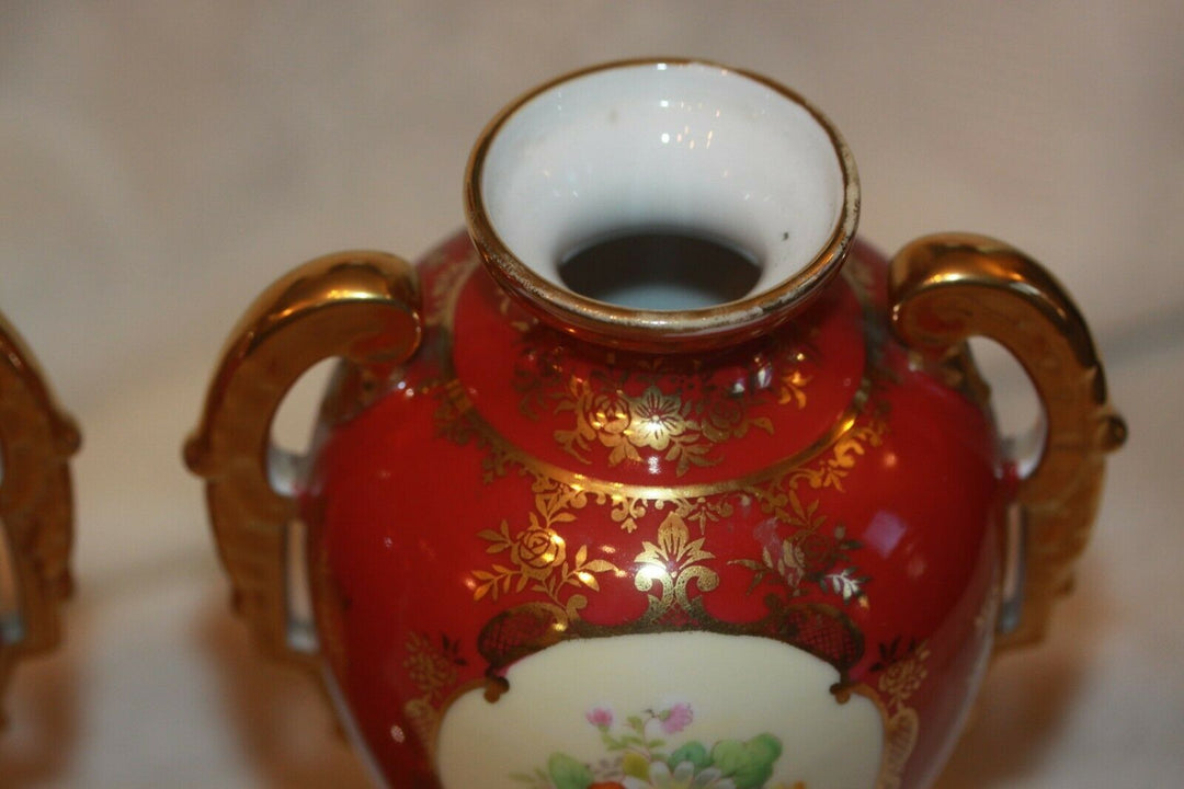 Nippon Noritake porcelain urns vases hand painted beaded gold Red