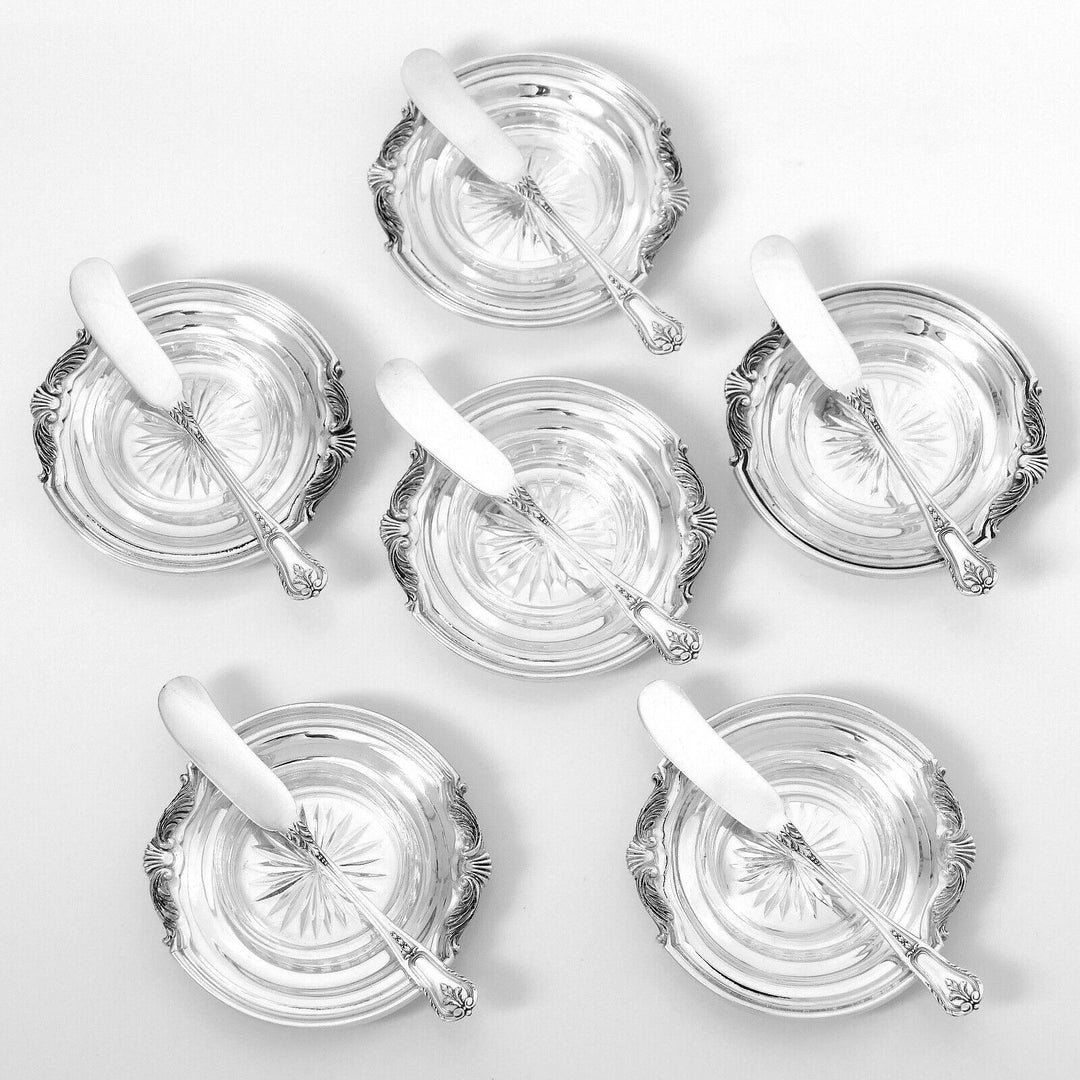 Tetard Rare French Sterling Silver Crystal Caviar Cups with Spreaders 12 Pc