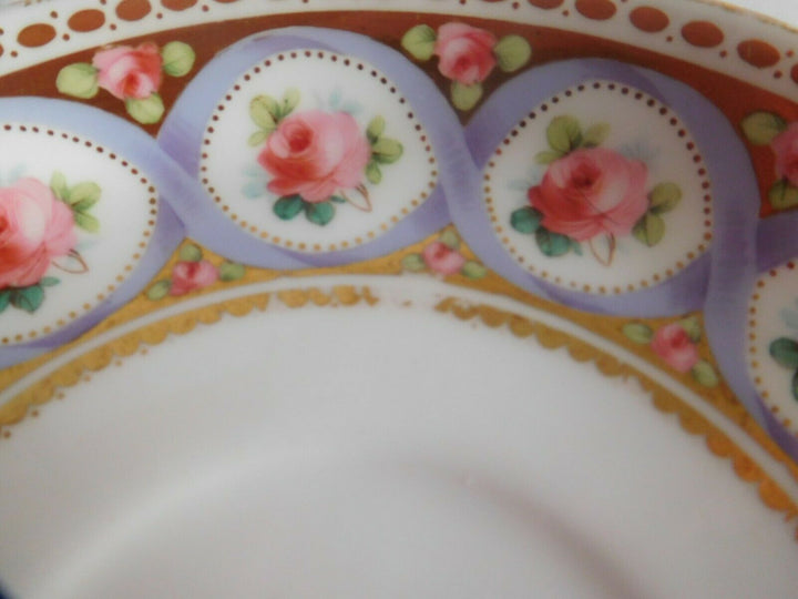 MISMATCHED ANTIQUE (1866) PURPLE MINTON ENAMELLED ROSE STRAWBERRY CUP AND SAUCER