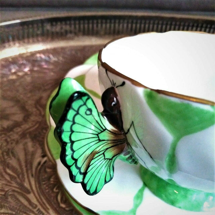 RARE Green & White Aynsley Butterfly handle Art Deco Teacup Saucer Side Plate