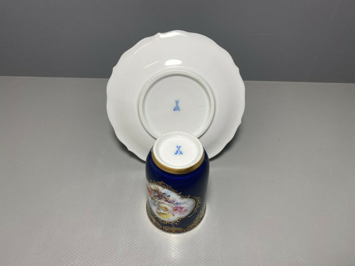 MEISSEN GEDECK BECHER UT KOBALTBLAU WATTEAUMALEREI BLUMEN GOLD 1.WAHL BESTOSSEN