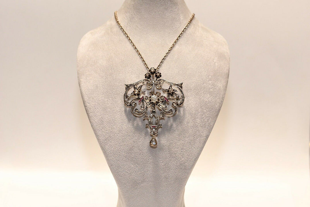 アンティーク オリジナル オスマン朝 8K ゴールド 天然ローズカット ダイヤモンド・ルビー ネックレス