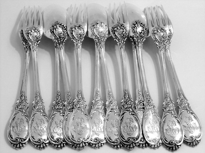 Puiforcat Fabulous French Sterling Silver Dinner Flatware Set 12 pc Roses