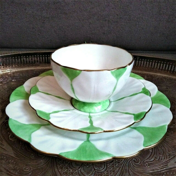RARE Green & White Aynsley Butterfly handle Art Deco Teacup Saucer Side Plate