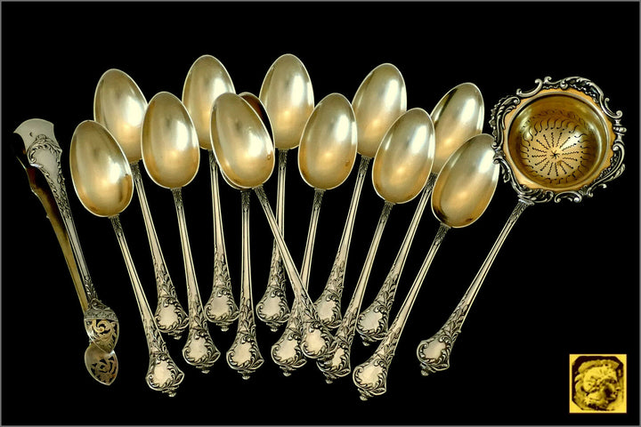 Debain French Sterling Silver 18K Gold Tea Service 14 pc w/original box Rococo