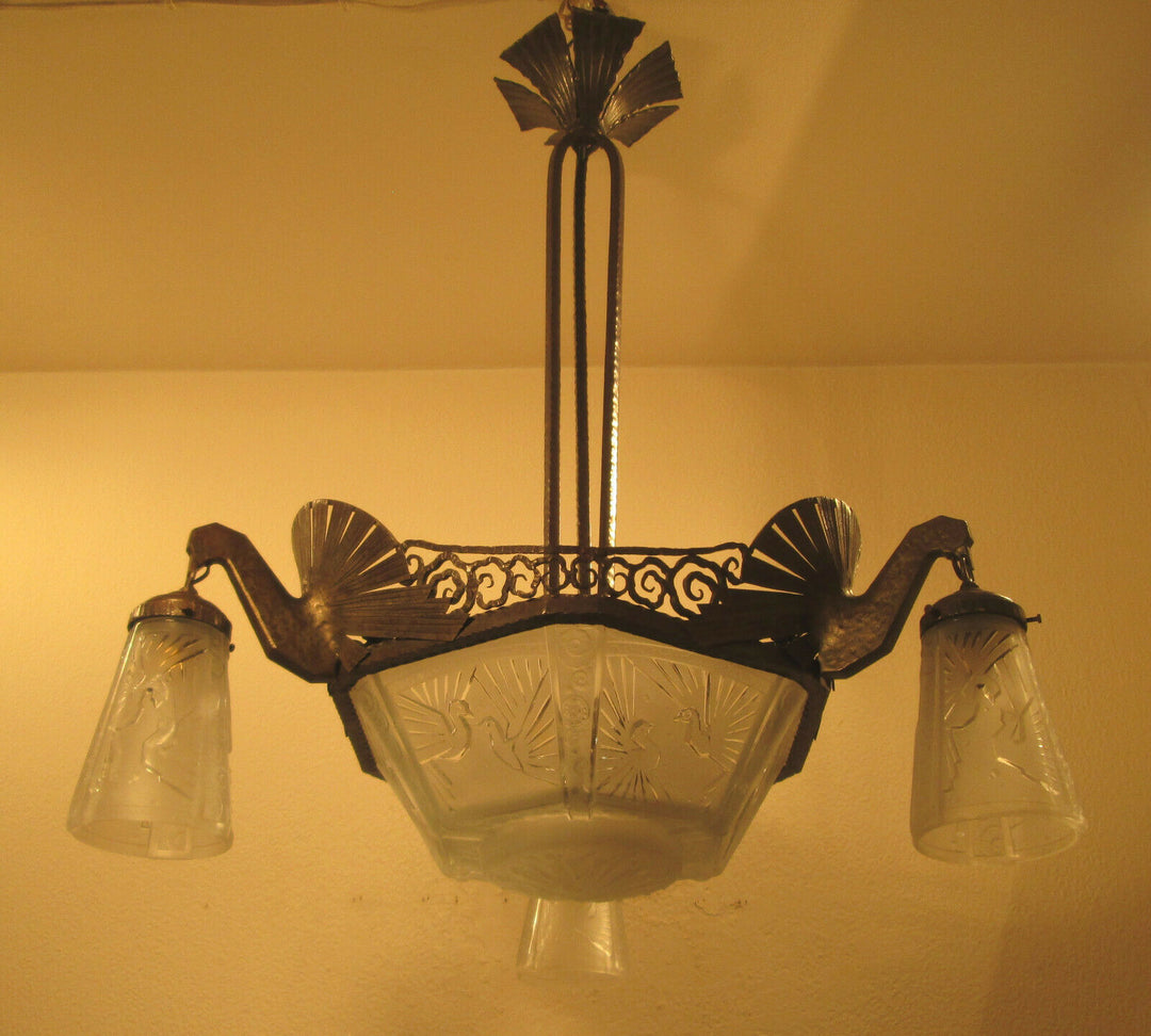 STUNNING FRENCH ART DECO CHANDELIER 1925-PEACOCKS-BY MULLER FRERES LUNEVILLE