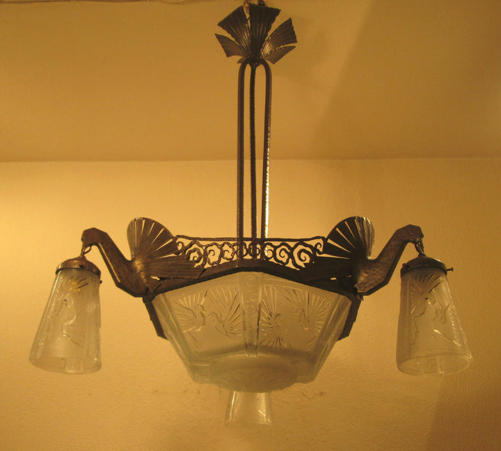 STUNNING FRENCH ART DECO CHANDELIER 1925-PEACOCKS-BY MULLER FRERES LUNEVILLE