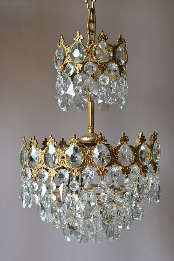 Brass Vintage Crystal Chandelier, Antique Lighting Bridal Lamp French Lustre