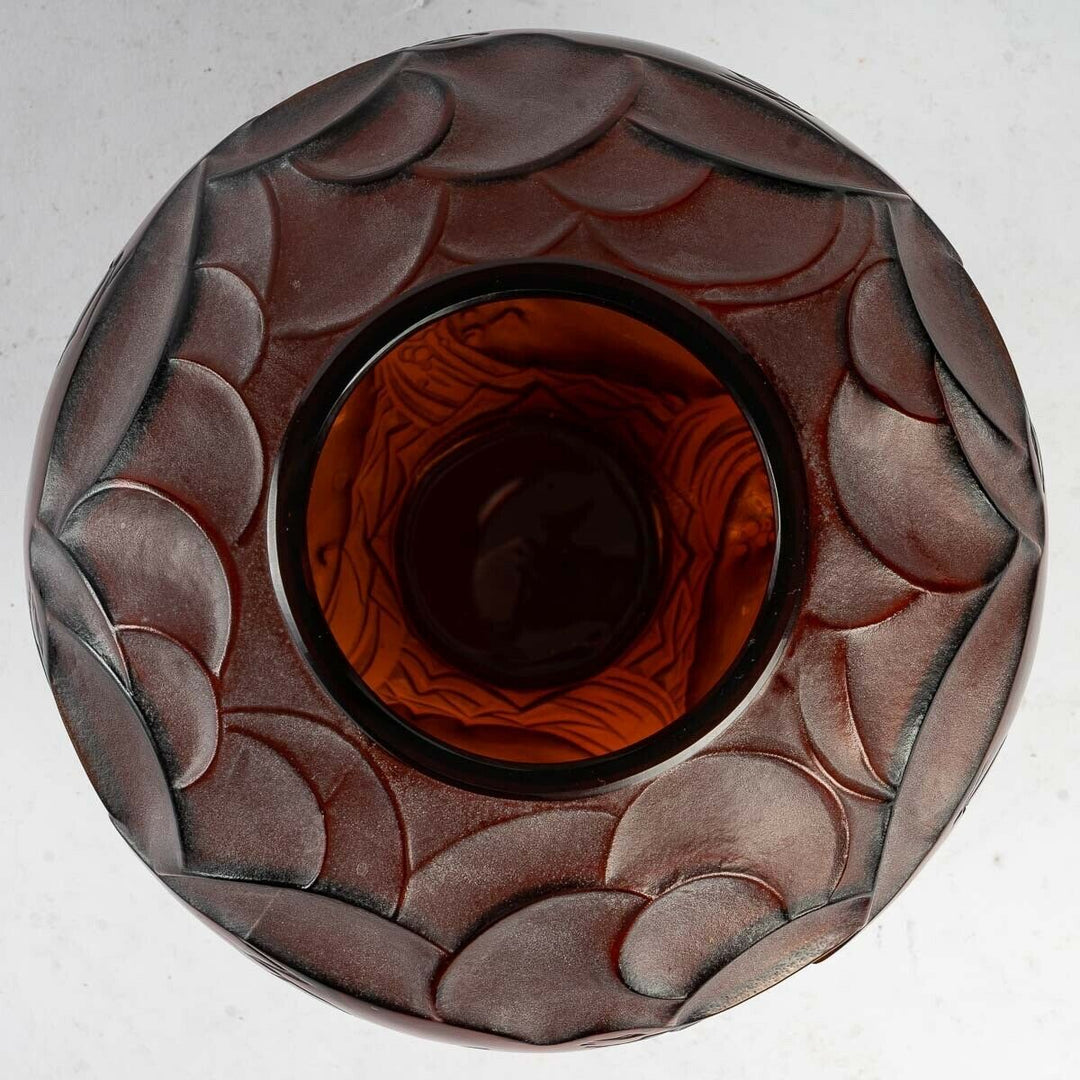 Vase Courlis René Lalique Ambre Patiné Blanc R.Lalique Amber Glass White Patina