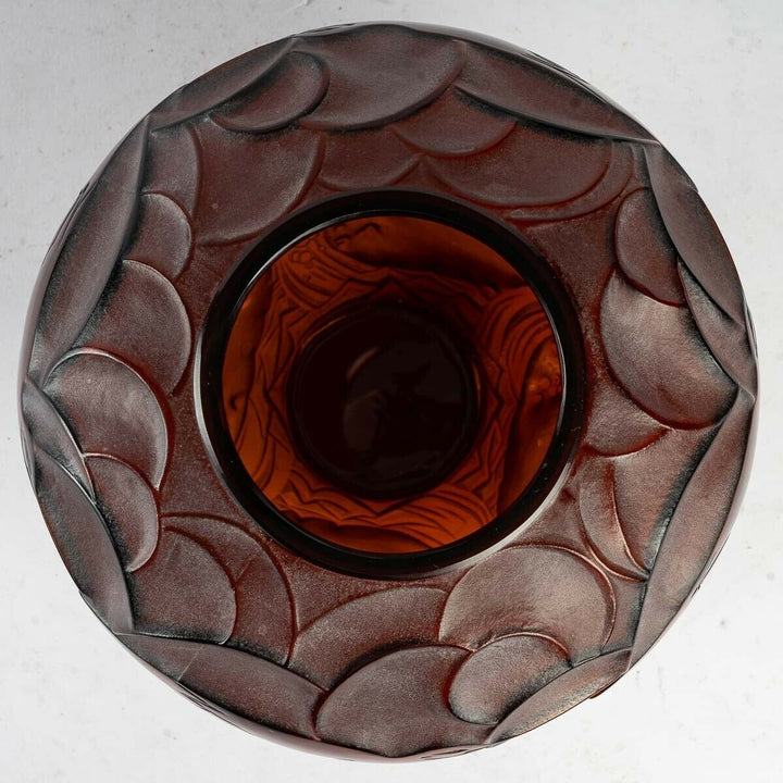 Vase Courlis René Lalique Ambre Patiné Blanc R.Lalique Amber Glass White Patina