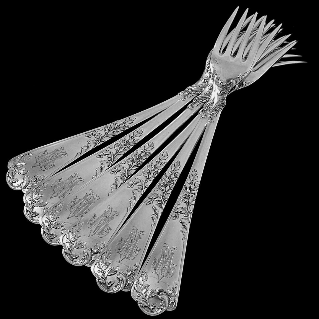 Puiforcat French Sterling Silver Dinner Flatware Set 12 Pc Foliage