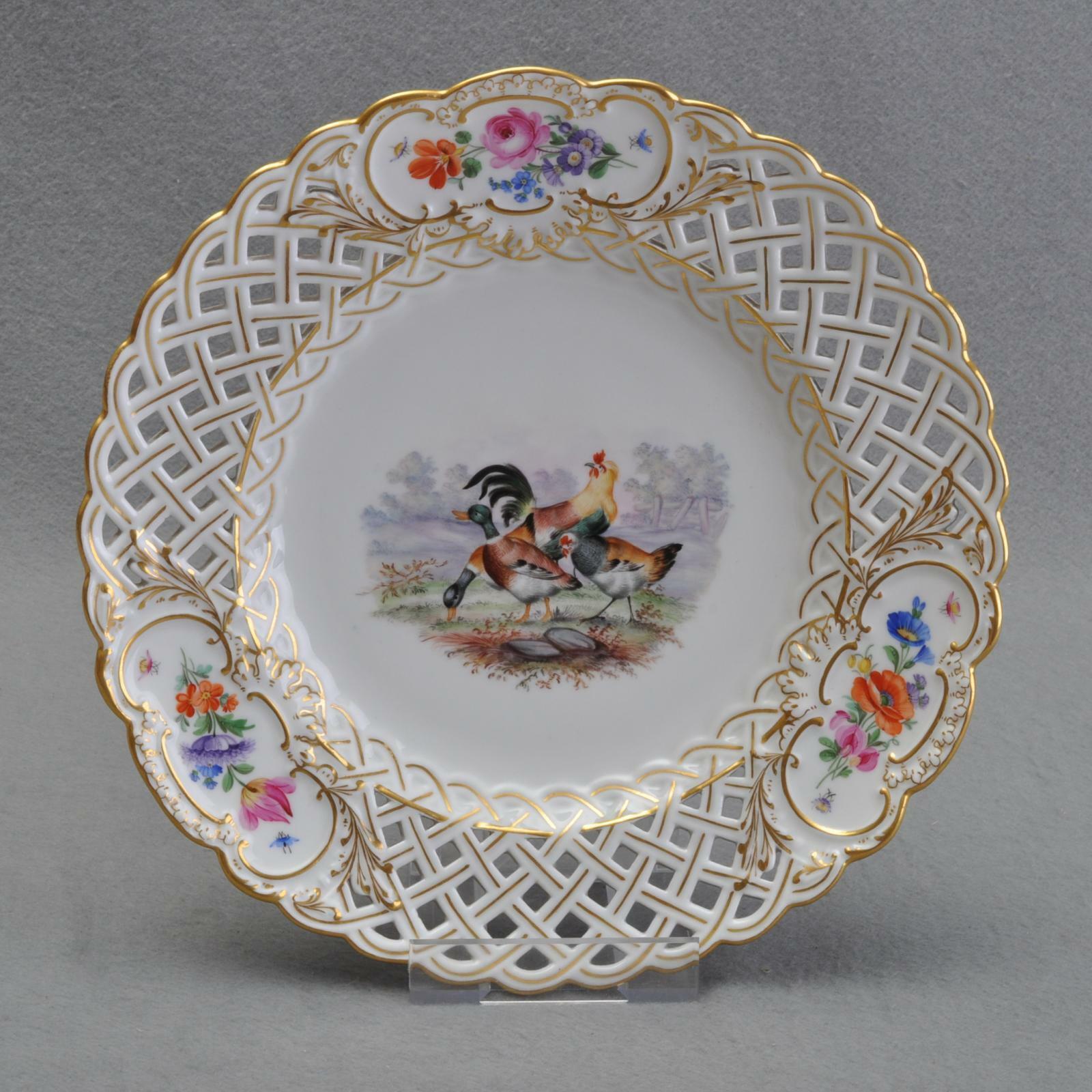 マイセン(Meissen)、 透かし皿、1級品、鶏·鴨·花·昆虫柄