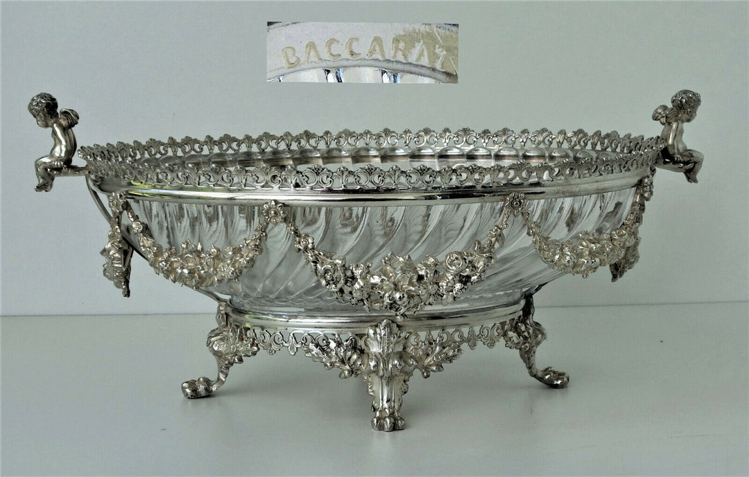 BACCARAT Coupe Centre de Table Cristal et Bronze Argenté Décor Angelots ca 1880