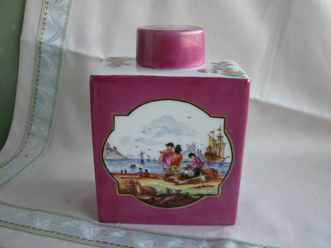Schöne Meissen Teedose mit vielen Indischen Blumen und Handels-Szenen