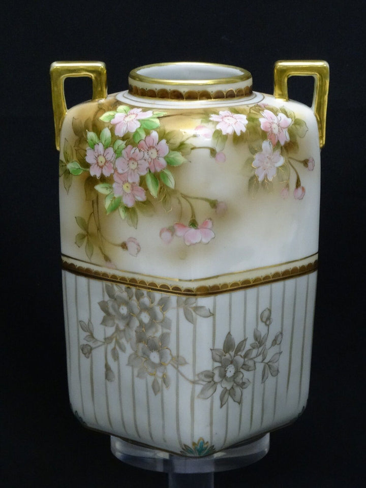 RARE ANTIQUE c.1911 MORIMURA NORITAKE HAND PAINTED GILDED FLORAL VASE ~ 8"