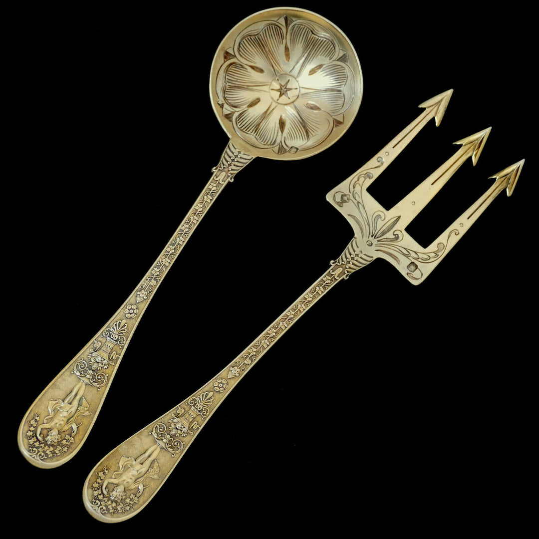 Queille Masterpiece French Sterling Silver 18k Gold Dessert Set, Empire