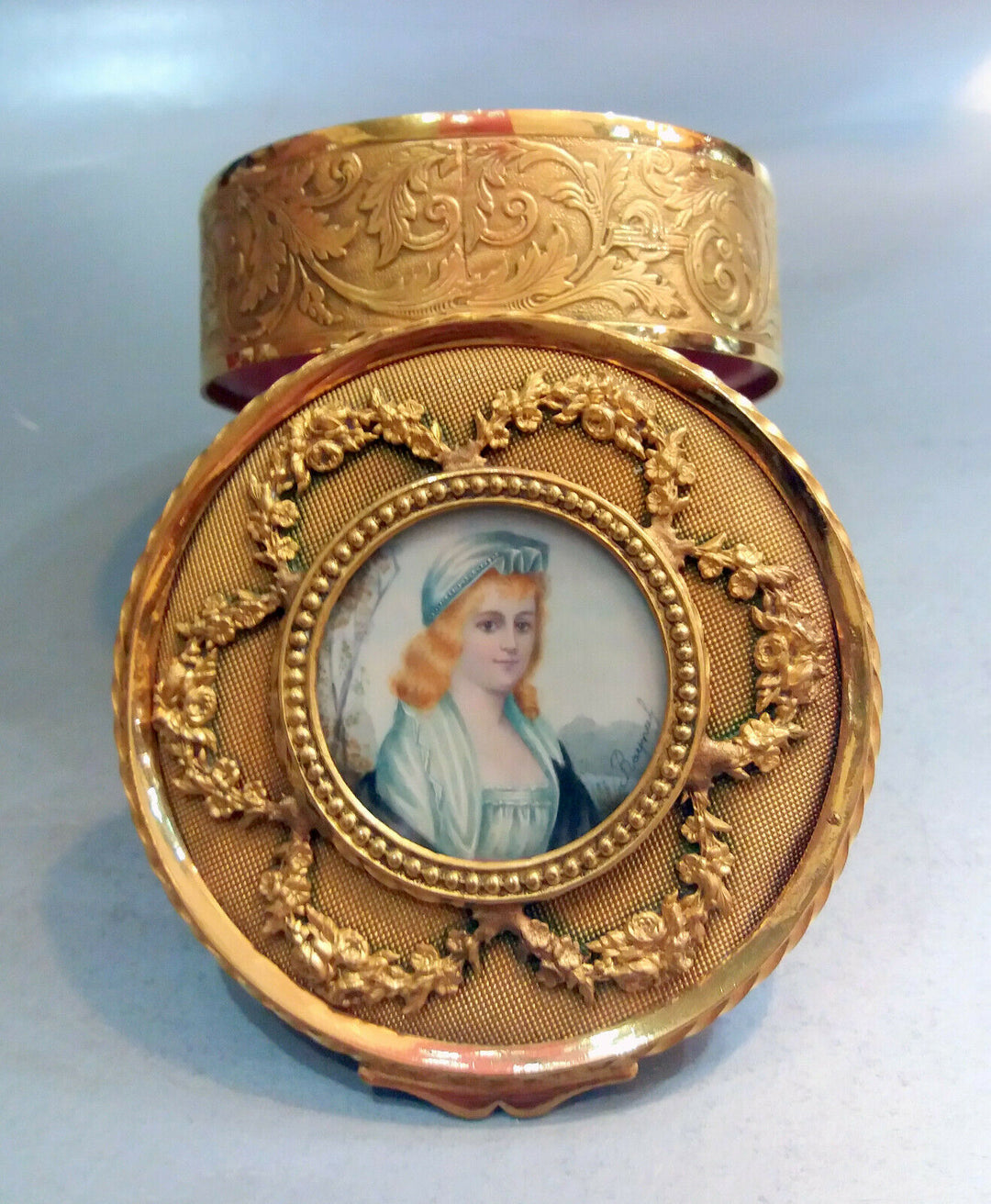 Antique French Gilt Bronze Jewelry Box with Miniature Portrait