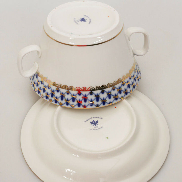 インペリアルポーセリン  スープボウル ＆  受け皿  ロモノーソフ  本物  コバルトネット