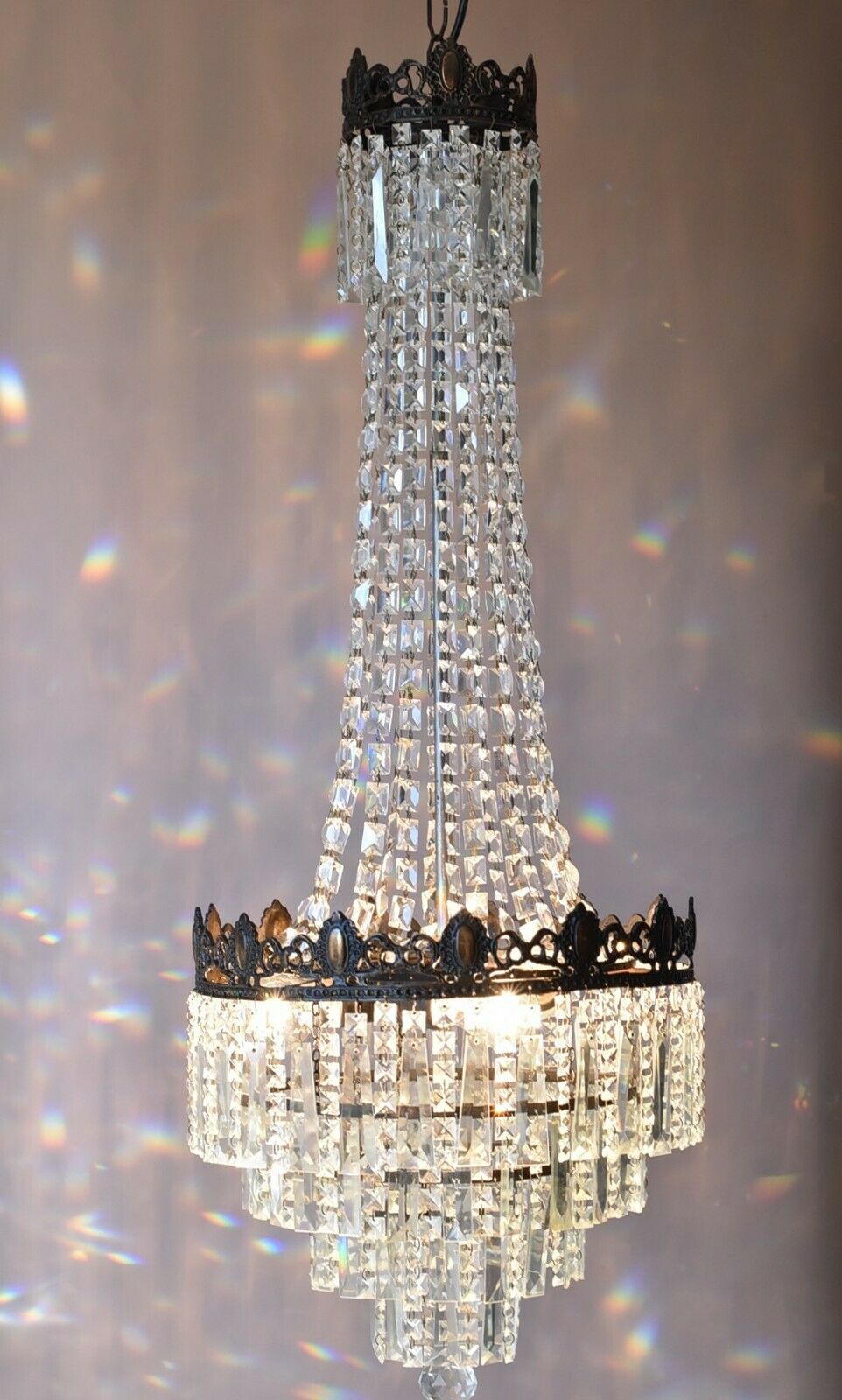 Tall French Empire Purse Crystal Chandelier Antique Vintage Light Pendant Lamp