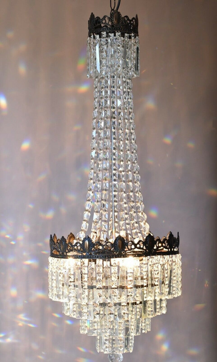 Tall French Empire Purse Crystal Chandelier Antique Vintage Light Pendant Lamp