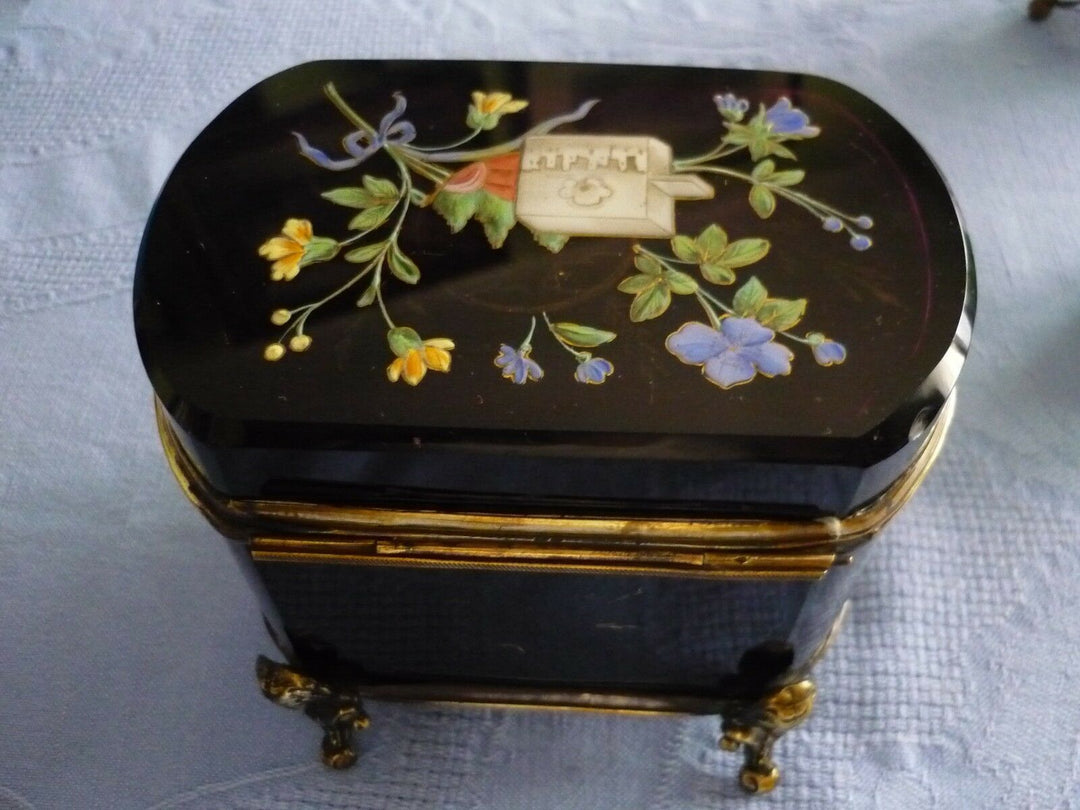 Antique Huge French Glass Casket Trinket Box Hand Enameled 1840 Circa Amethyst