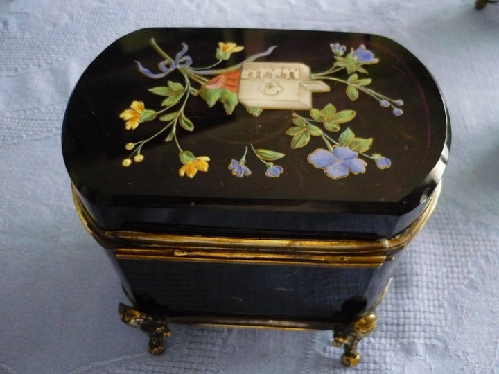 Antique Huge French Glass Casket Trinket Box Hand Enameled 1840 Circa Amethyst