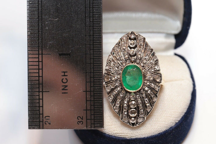 アンティーク 18K ヴィクトリアン ナチュラルローズカットダイヤモンドとエメラルドのナヴェットリング