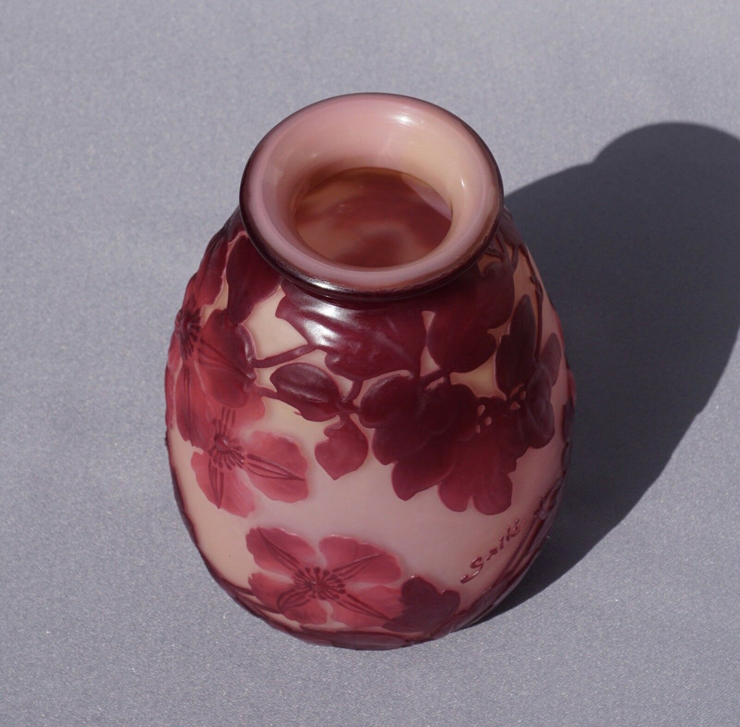 French Emile Galle Blown Out Soufle Vase Red Pink Clematis Flowers