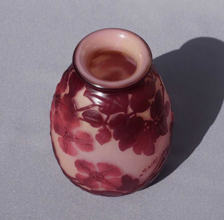 French Emile Galle Blown Out Soufle Vase Red Pink Clematis Flowers