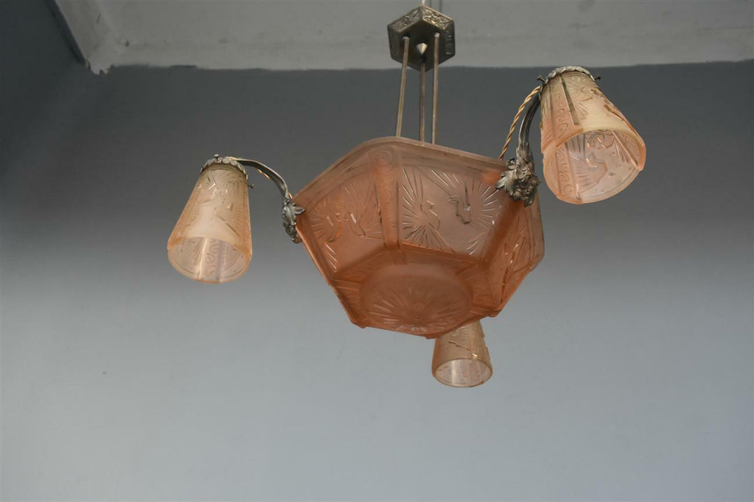 Lustre à tulipes années 1930 Art déco verre moulé Muller Frères