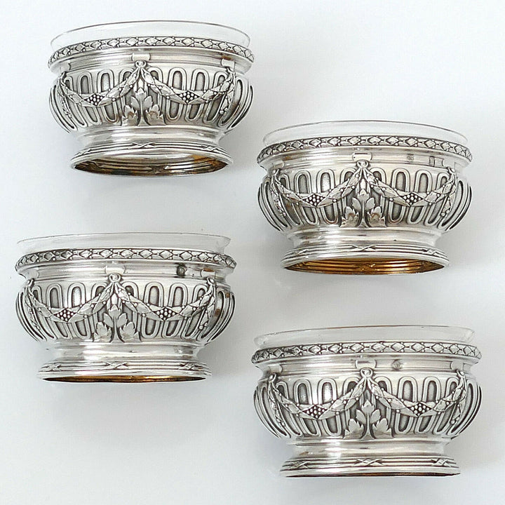 Puiforcat French Sterling Silver 4 Salt Cellars, Spoons, Box, Neoclassical