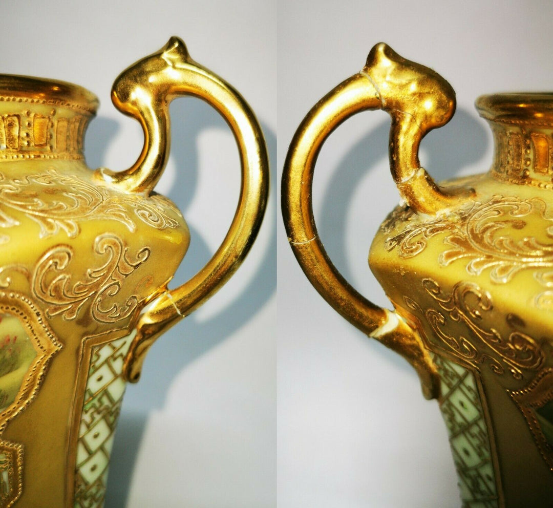 Antique Noritake Two Handled Pedestal Vase Gilted & Jewelled c1906 Art Nouveau