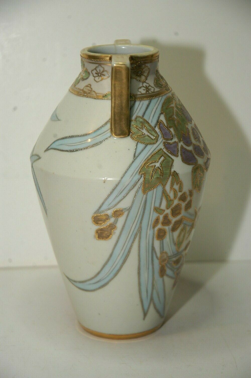 Noritake Nippon Morimura Two Handled Hand Painted Gilded Floral Vase 7.75" tall