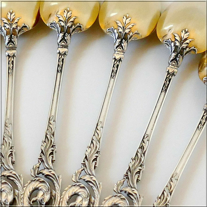 Canaux French Sterling Silver 18k Gold Coffee Dessert Spoons Set, Box, Dragon