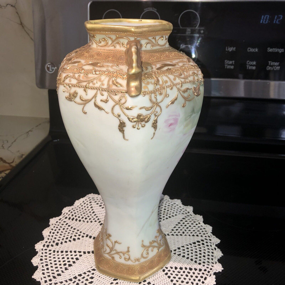 オールドノリタケ　メイプルリーフ印　ピンクローズと金彩の高級花瓶