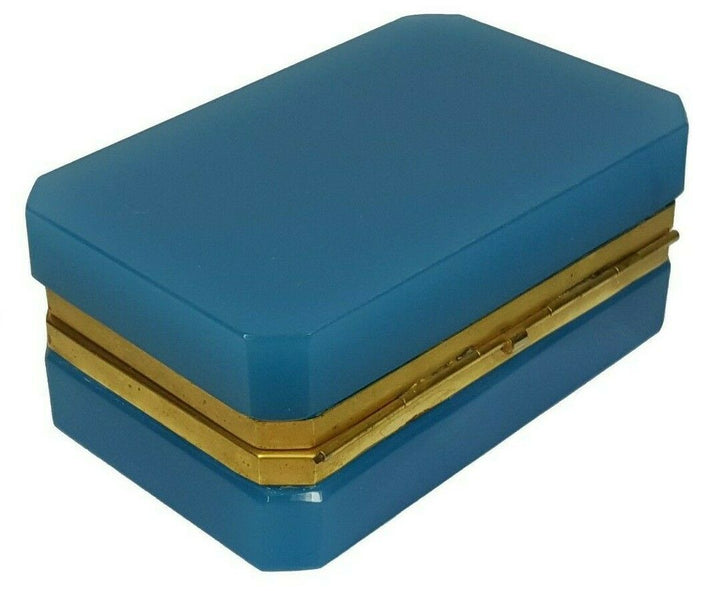 Blue Opaline Glass Jewelry Box / Trinket Box | Rectangular | Brass Frame | Italy
