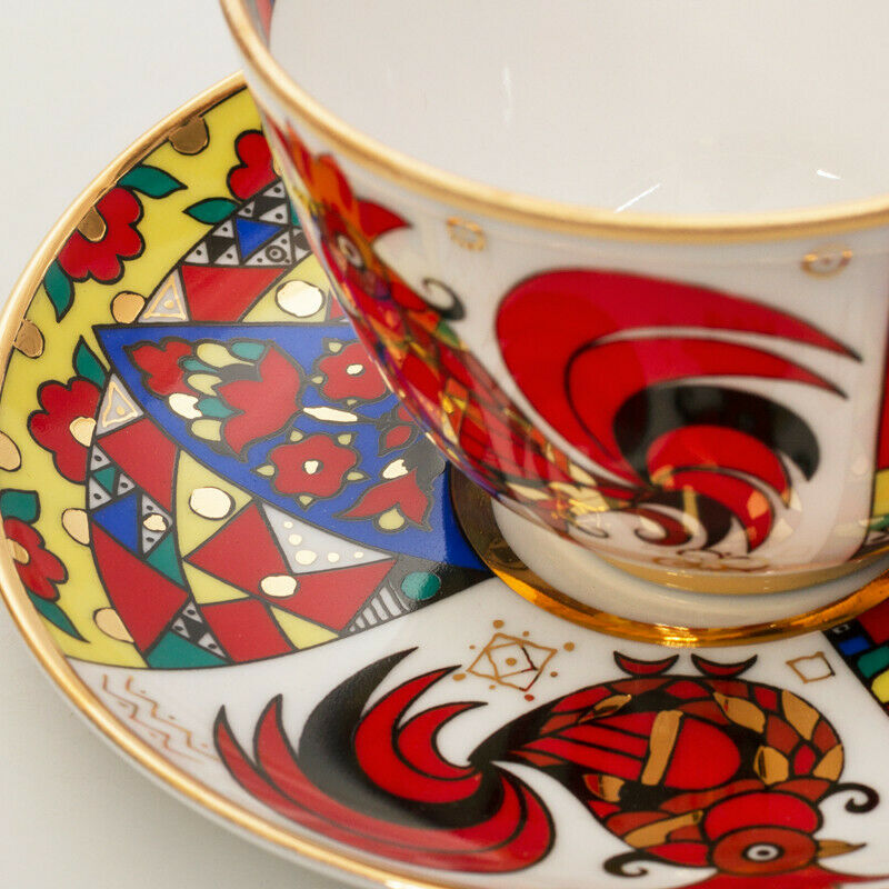 Folk Patterns Teacup & Saucer by Imperial Lomonosov Porcelain Red Rooster Luxury