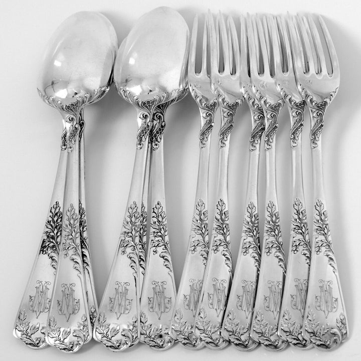 Puiforcat French Sterling Silver Dinner Flatware Set 12 Pc Foliage