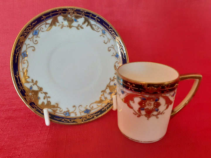 ANTIQUE NORITAKE DEMITASSE SIZE COFFE CAN/CUP & SAUCER COBALT BLUE & GILT DESIGN