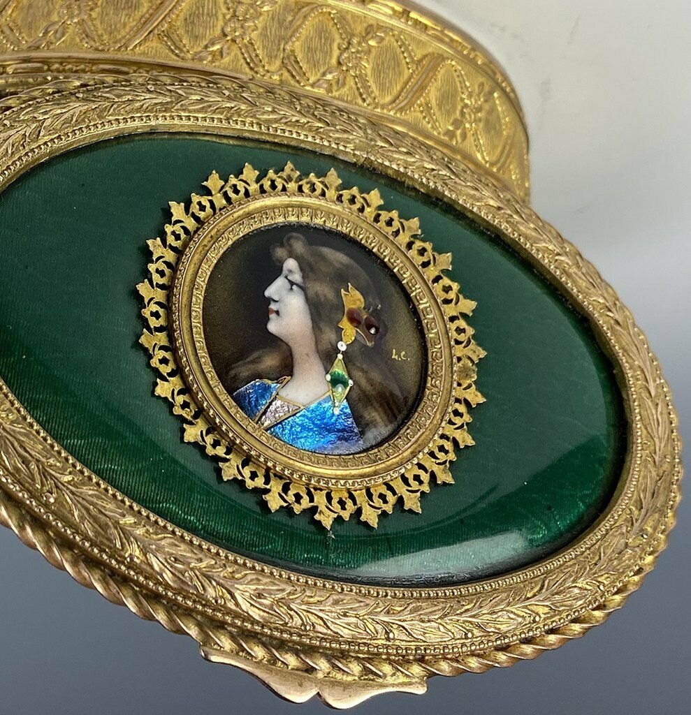 Antique French Kiln-fired Enamel Portrait Jewelry Box, Casket, 4 5/8" Dore Bronz
