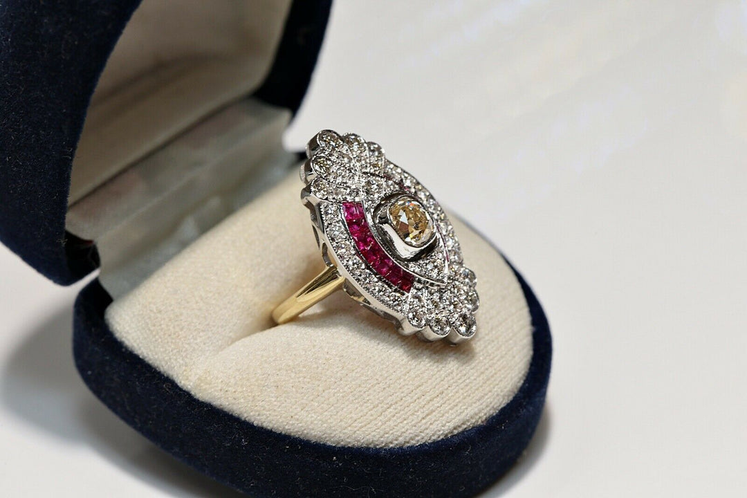 アールデコスタイル 18K ナチュラルダイヤモンドとルビーのナヴェットリング